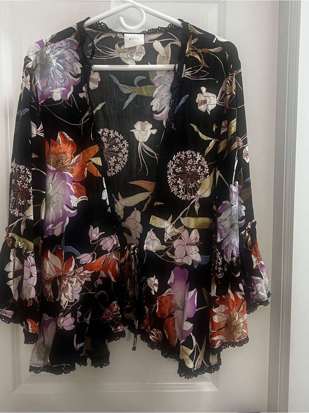 Knox Rose M Black Floral Lace Trim Bell Sleeve Kimono Cardigan Boho Cottagecore